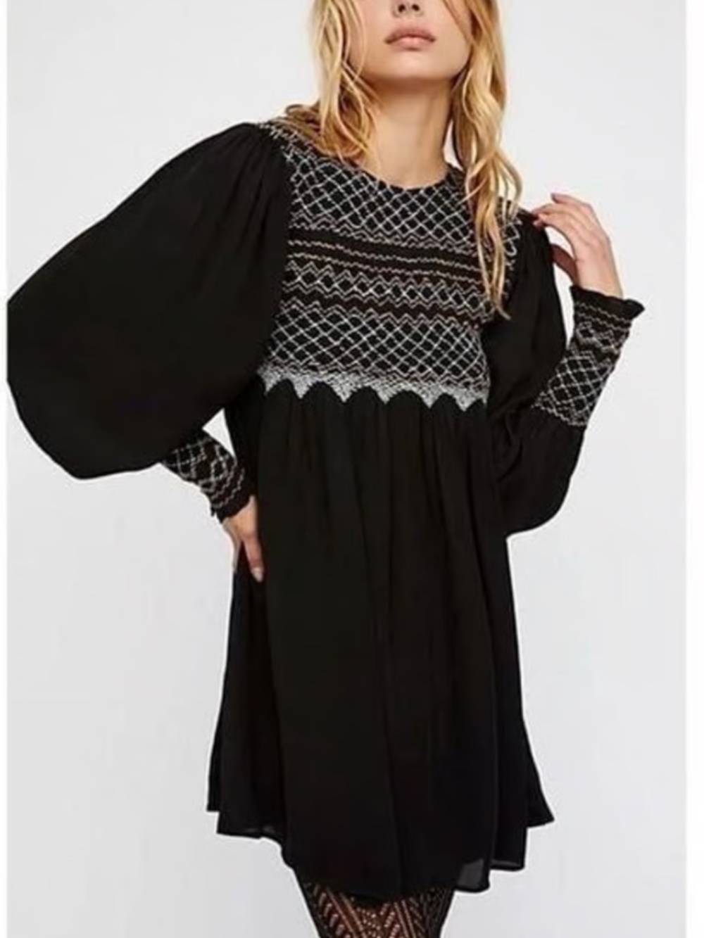 Free People‎ Late Night Picnic Embroidered Long Sleeve Mini Dress Size S